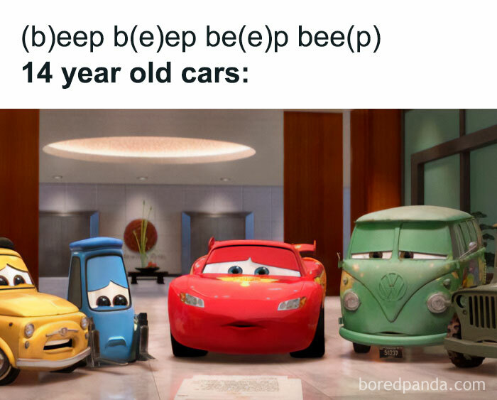 A car meme showing characters from "Cars" looking sad, captioned "(b)eep b(e)ep be(e)p bee(p) - 14 year old cars:" to mimic worn-out sounds.