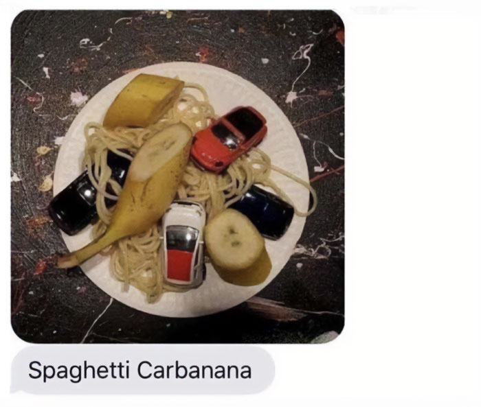 A car meme showing a plate of spaghetti with toy cars and banana pieces on top, captioned "Spaghetti Carbanana."