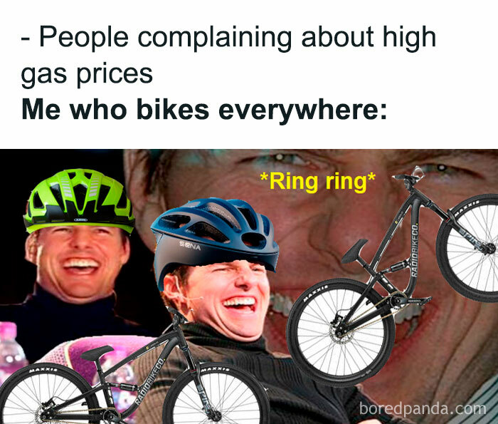 A car meme showing a person laughing in a bike helmet with bicycles around, captioned "People complaining about high gas prices. Me who bikes everywhere: Ring ring."