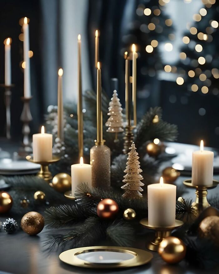 Elegant Christmas-decorating-ideas with candles, pine branches, and golden ornaments on a festive table.