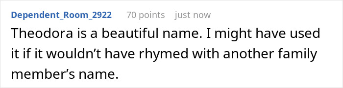 Comment praising the name Theodora, mentioning it rhymed with a family member's name.