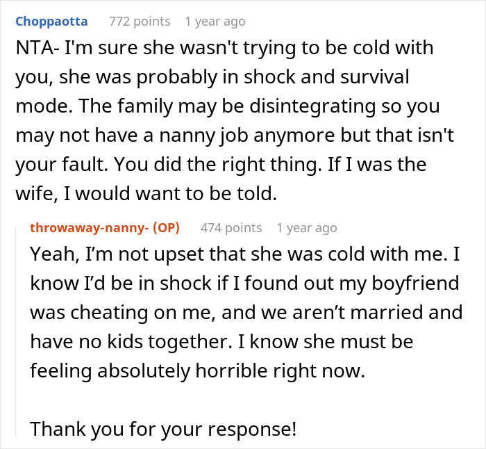 Reddit discussion about a nanny revealing her boss's husband's infidelity.