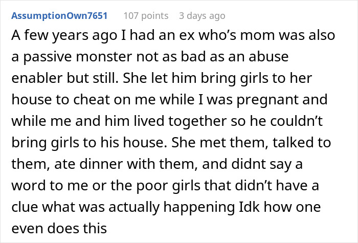 Text post about a mother-in-law allowing an ex-partner to cheat while living together.