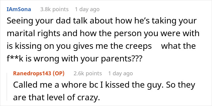 Reddit conversation about being stalked by parents on a date, highlighting shock and concern.