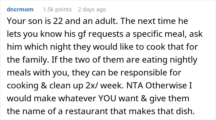 Son’s GF Visits Him Almost Daily, Wants His Mom To Cook Special Meals For Her But Never Helps Out