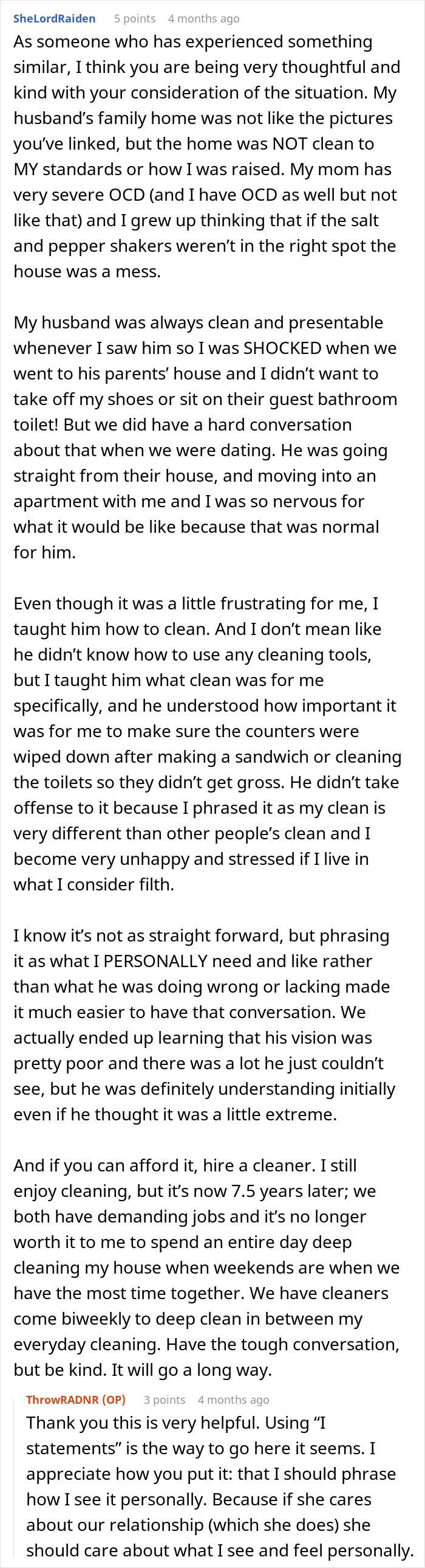 User advises on discussing cleanliness with a boyfriend living in filth, emphasizing understanding and communication.