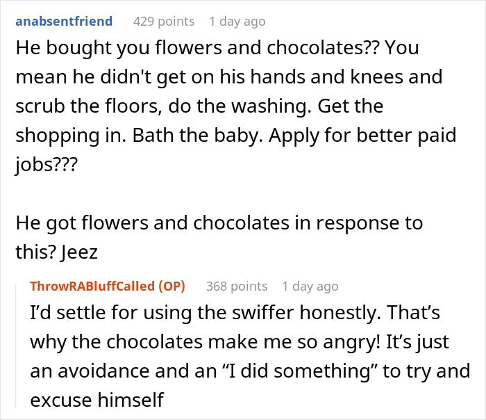 Text responses discussing husband manipulation with flowers and chocolates.