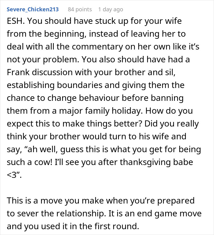 Man Causes Drama By Uninviting Brother's GF To Thanksgiving After Her Comments To His Wife