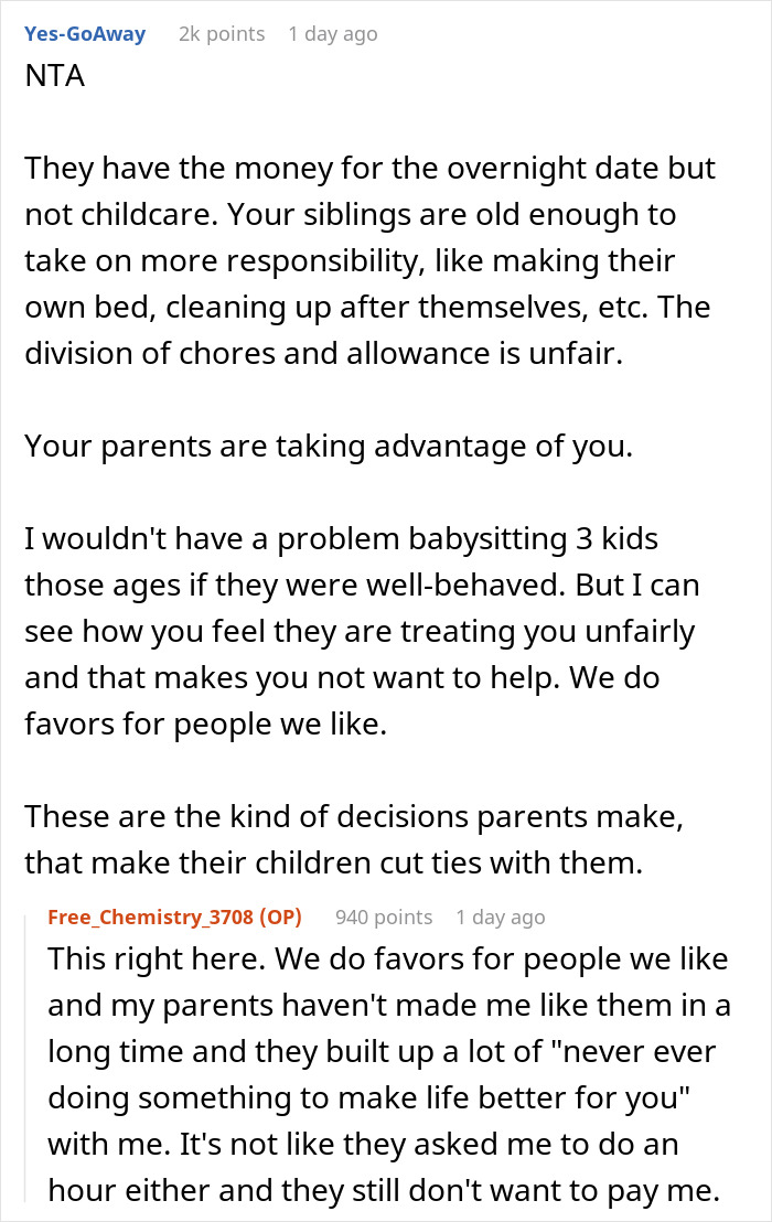 “AITA For Refusing To Babysit When My Parents Asked Because They Wouldn't Pay Me?”