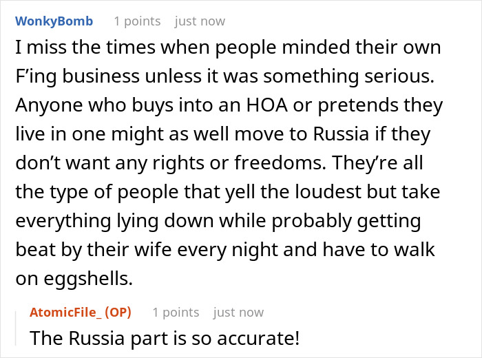 Discussion about HOA rules and personal freedoms on a forum thread.