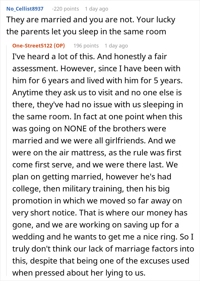 Reddit comments discussing a couple's issues with always ending up on an air mattress during family holidays.