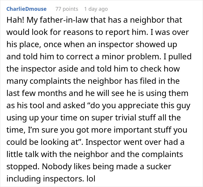 Text conversation about a neighbor frequently reporting trivial issues to the city inspector.