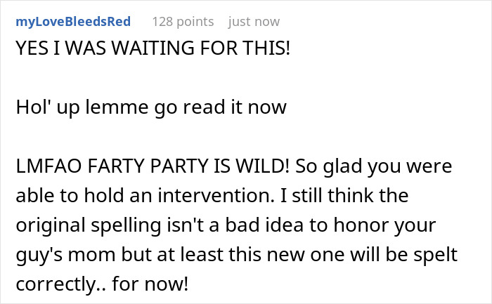 Text conversation about a child's name choice, mentioning "Farty Party" and discussing an intervention.