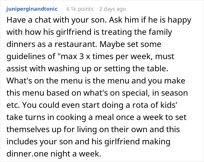 Son’s GF Visits Him Almost Daily, Wants His Mom To Cook Special Meals For Her But Never Helps Out