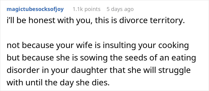 Reddit comment addressing wife's food complaints and their impact on family relationships.