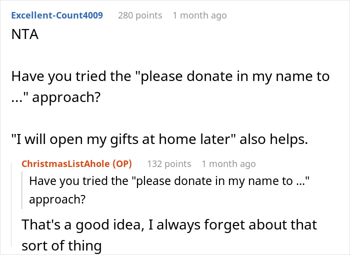 Reddit discussion about a woman making a Christmas Anti-List to avoid unwanted gifts.