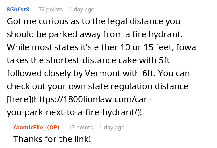 Reddit discussion about legal parking distance from a fire hydrant, featuring comments and a helpful link.