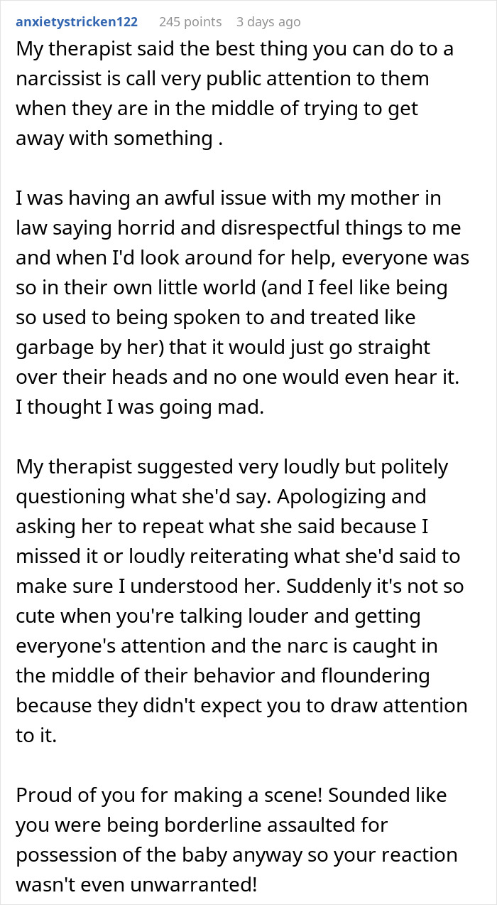 Reddit comment on dealing with a challenging mother-in-law, referencing infant handling concerns.