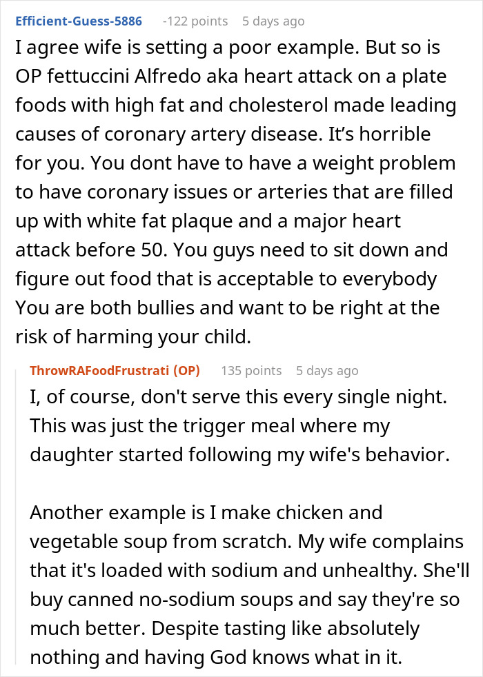 Image showing a discussion about unhealthy, fatty foods and family dietary complaints in a comment thread.