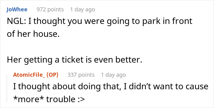 Reddit comment exchange about parking conflict with a neighbor and resulting ticket.