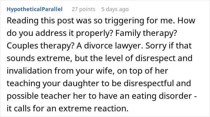 Text from a forum discussing family therapy and marital issues related to food complaints.