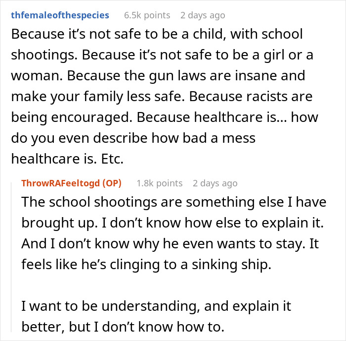 Reddit thread discussing reasons against starting a family, mentioning safety concerns and healthcare issues.