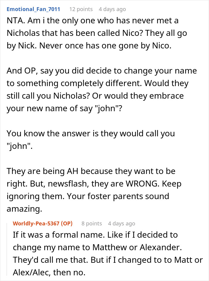 Reddit conversation discussing name preferences and family dynamics.