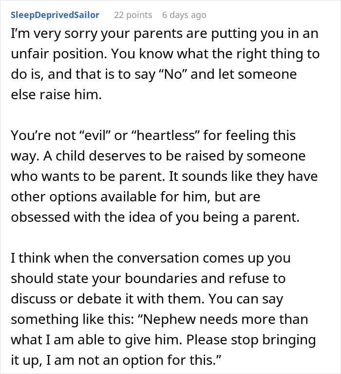 Parents Keep Pressuring Daughter Into Adopting Her Nephew, She Asks For Advice