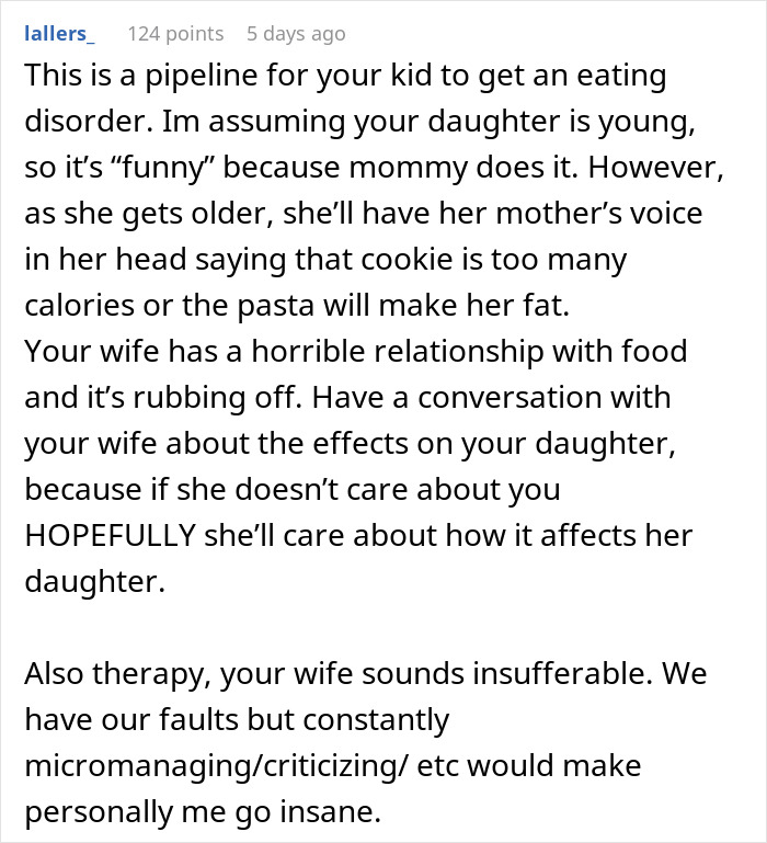 Text discussing issues related to food complaints affecting family dynamics and potential eating disorders.