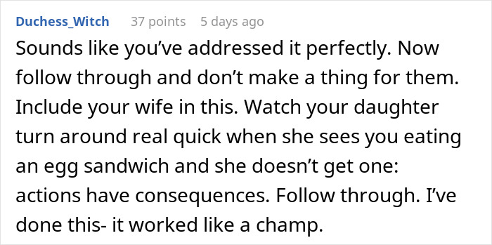 Commentary on handling food complaints and consequences in family dynamics.