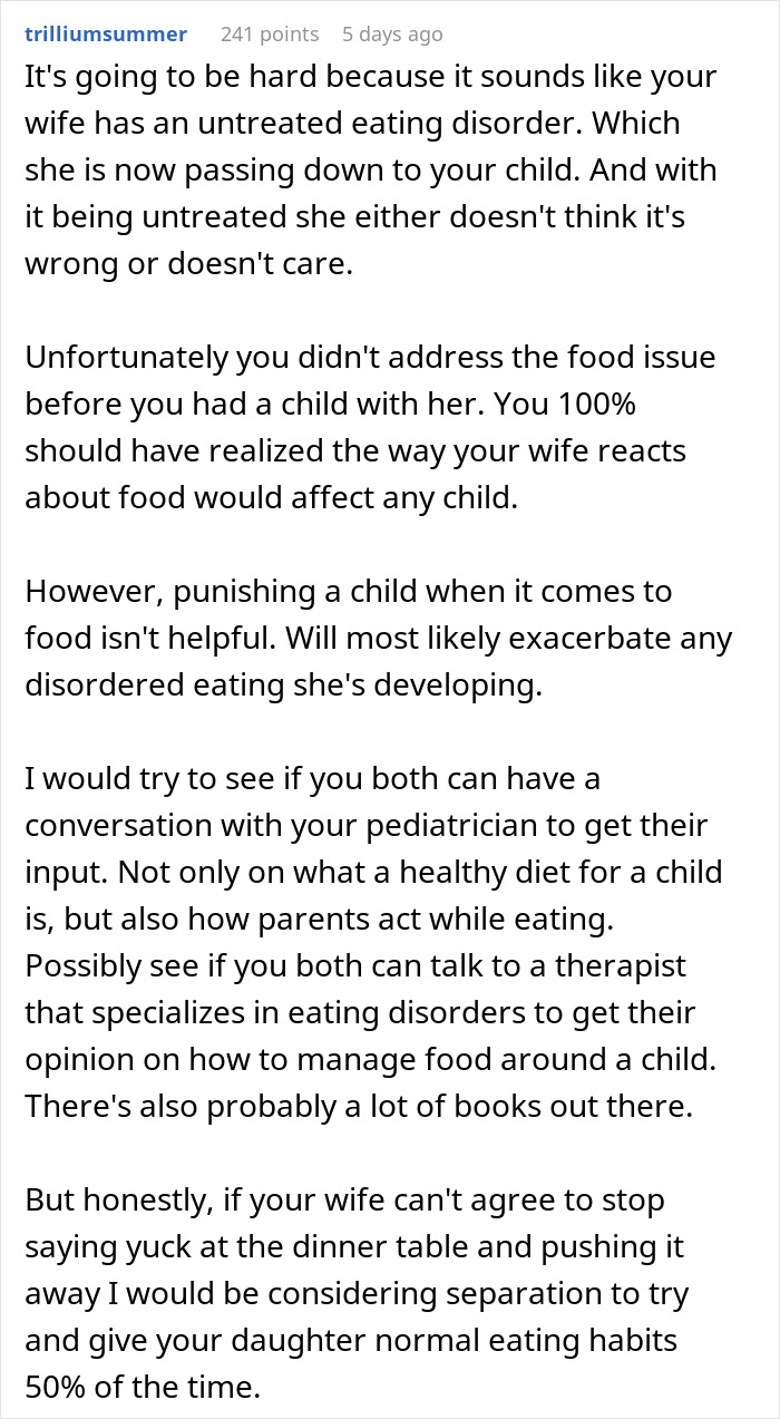 Text discussing a wife's untreated eating disorder and food complaints affecting their child.