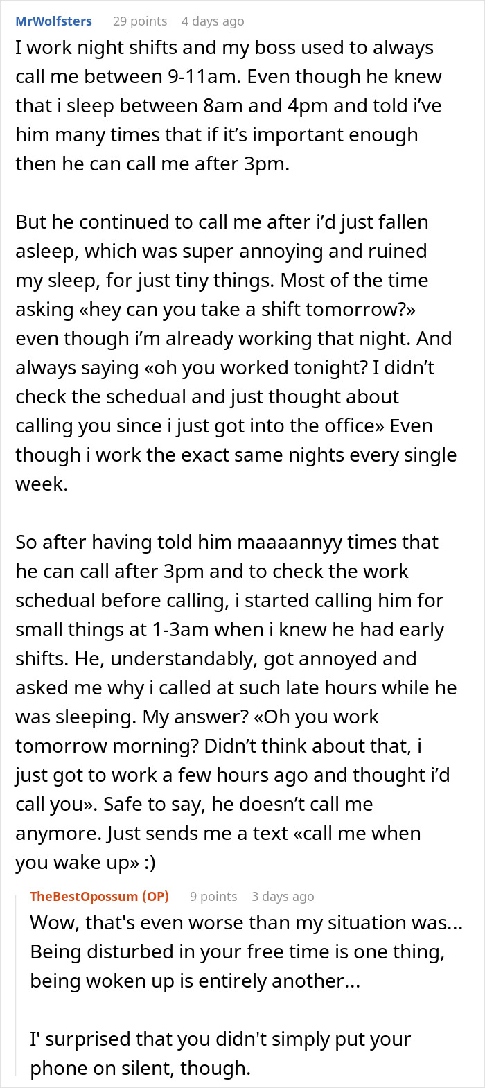 Text conversation about a woman's clever payback to stop her boss from calling on days off.