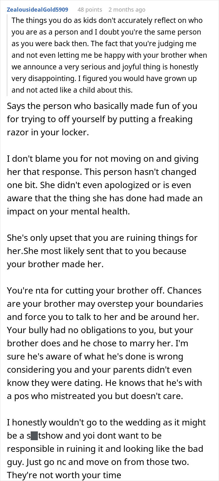 Man Announces Engagement, Brother Cuts Him Out Of His Life As The Fiancée Was His High School Bully