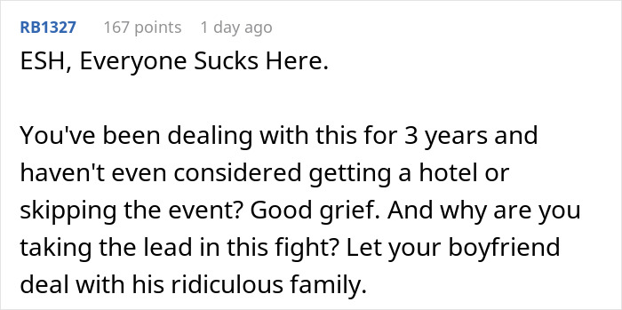 A Reddit comment discussing frustrations over family holidays and dealing with an air mattress situation.