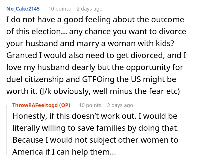 Reddit discussion on marriage ultimatum and family planning, with two users exchanging thoughts humorously.