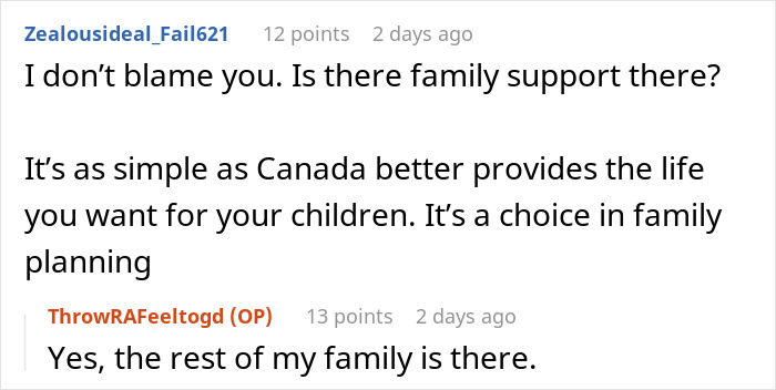 Reddit conversation discussing family planning and support options related to starting a family.