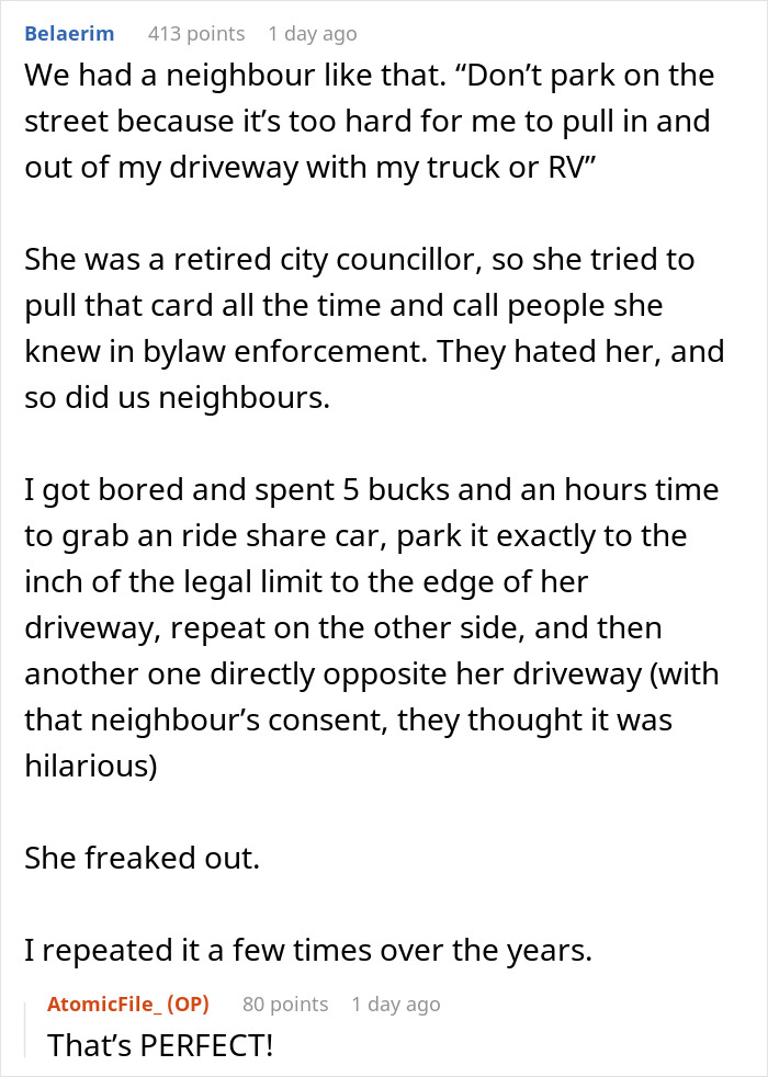 Text exchange about a neighbor's parking complaint and retaliation involving rideshare cars.