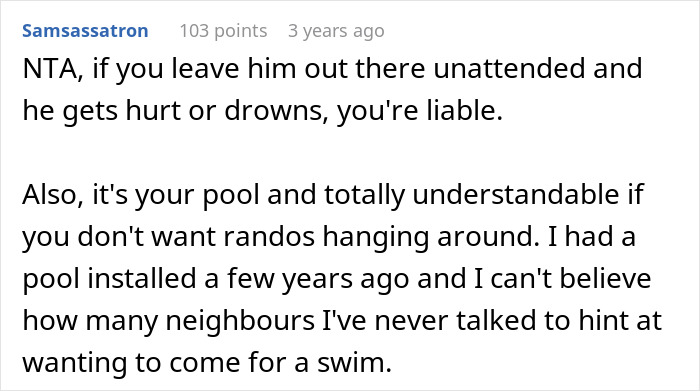 Text from online forum discussing liability and safety concerns of kids alone by the pool.