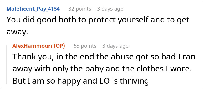 Reddit comments discussing protection and escape from an abusive situation, focusing on well-being and happiness.