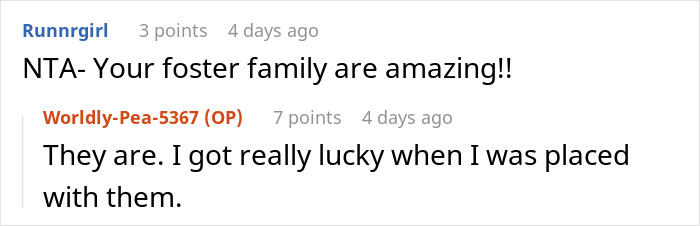 Reddit comments about foster family, centered on a teen discussing his luck with placement.