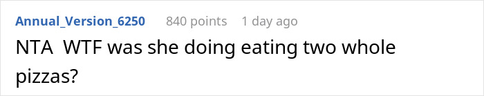 Reddit comment discussing someone eating two pizzas in the context of adding extra fee.