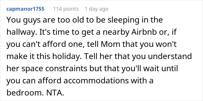 Comment suggesting a couple stay at an Airbnb due to air mattress issues during family holidays.