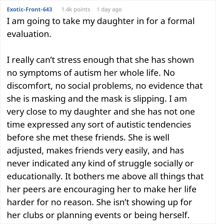 Parent Seeks Advice After Calling Out Daughter In Front Of Her Friends That She Doesn't Have Autism