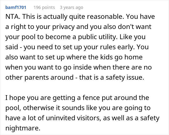 Screenshot of a Reddit comment discussing privacy and safety concerns about kids alone at the pool.