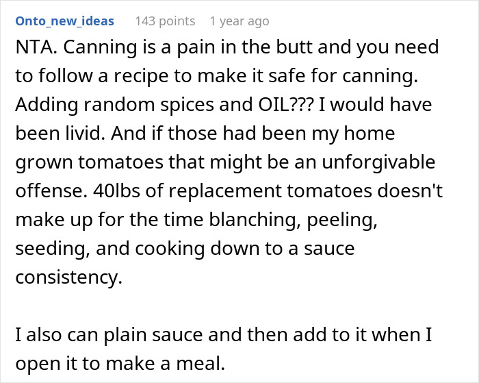 Woman Gets Banned From SIL’s House After Ruining 40lb Batch Of Homemade Tomato Sauce With Seasonings