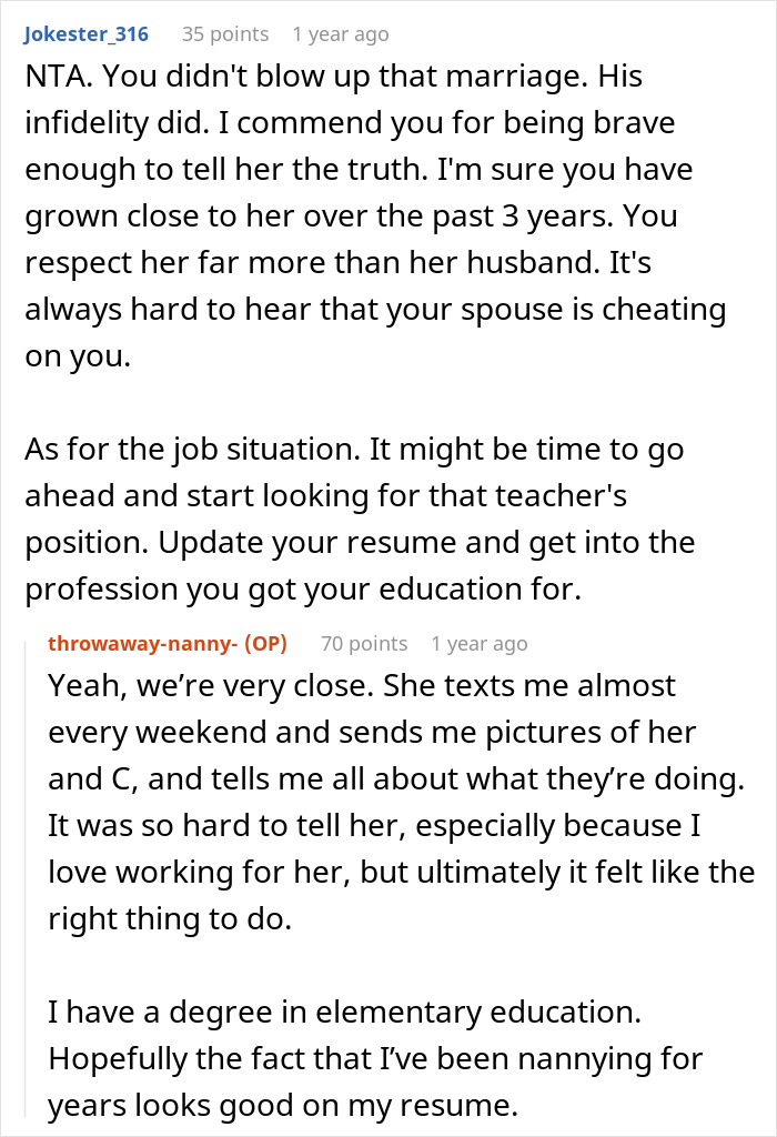 Reddit discussion on nanny revealing husband's infidelity, impacting her boss's marriage.