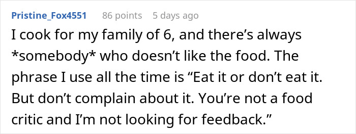 Reddit user comment discussing food complaints in a family setting.