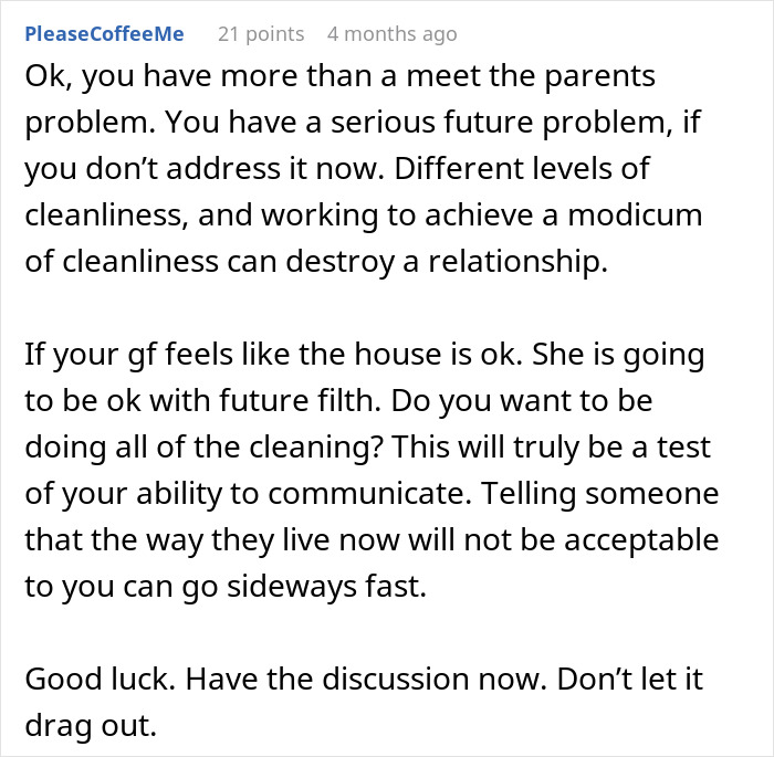 Text post offering advice on addressing cleanliness issues in a relationship.