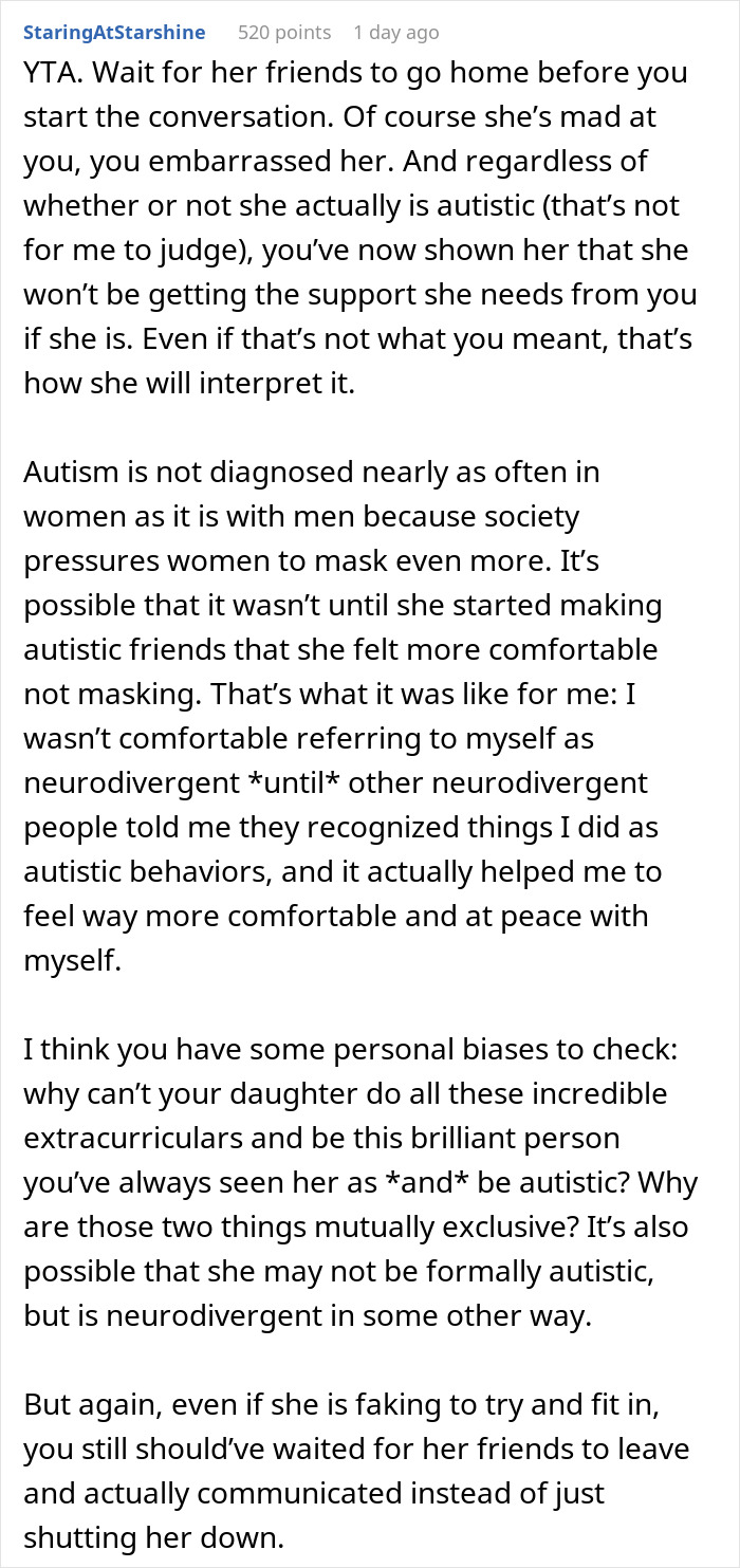 Parent Seeks Advice After Calling Out Daughter In Front Of Her Friends That She Doesn't Have Autism