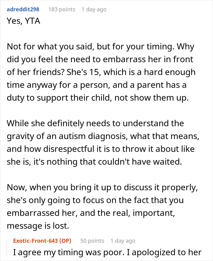 Parent Seeks Advice After Calling Out Daughter In Front Of Her Friends That She Doesn't Have Autism